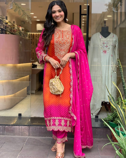 Multi-Coloured Bandhni Print With Mirror Work
