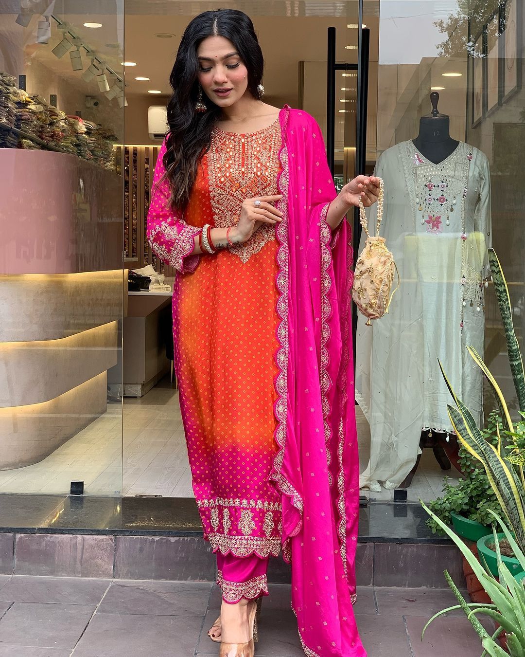 Multi-Coloured Bandhni Print With Mirror Work