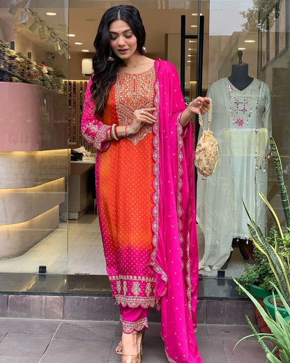 Multi-Coloured Bandhni Print With Mirror Work