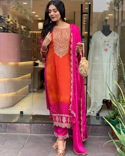 Multi-Coloured Bandhni Print With Mirror Work