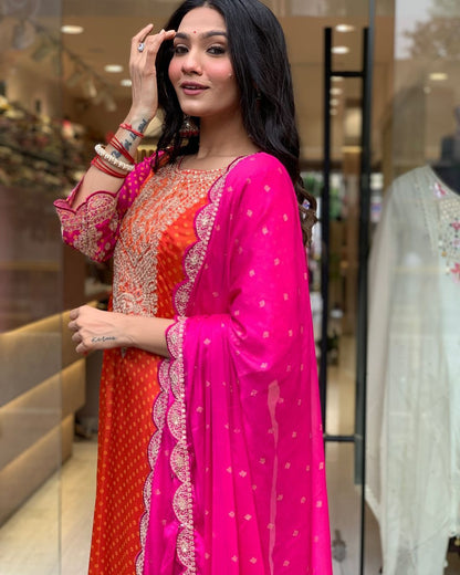 Multi-Coloured Bandhni Print With Mirror Work