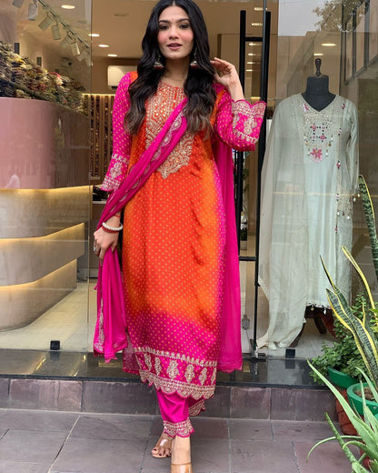 Multi-Coloured Bandhni Print With Mirror Work