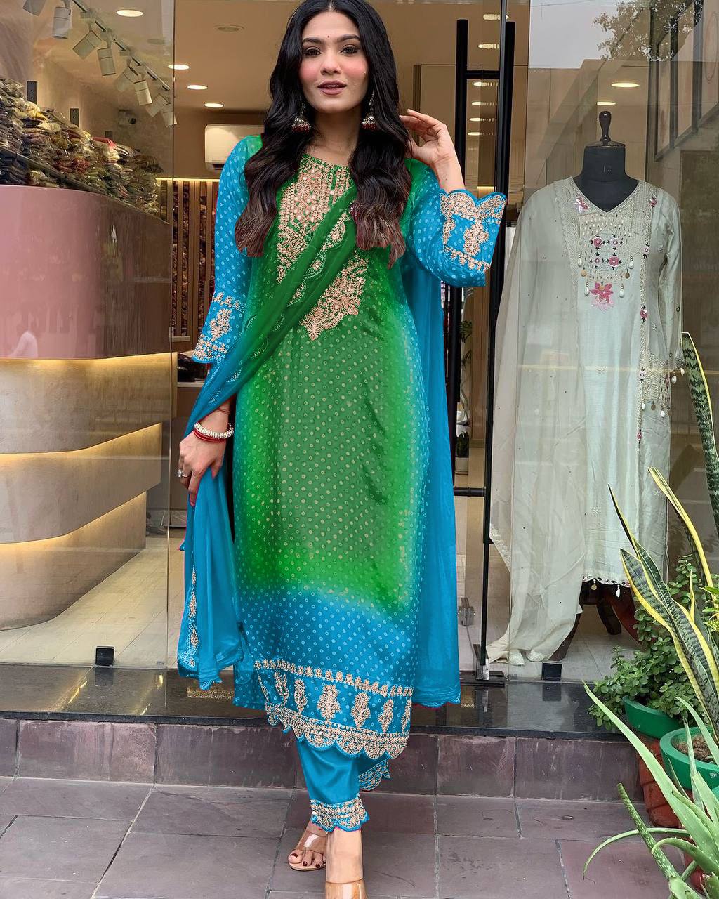 Multi-Coloured Bandhni Print With Mirror Work