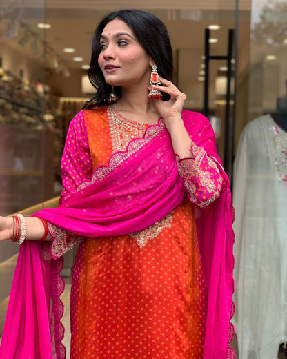 Multi-Coloured Bandhni Print With Mirror Work