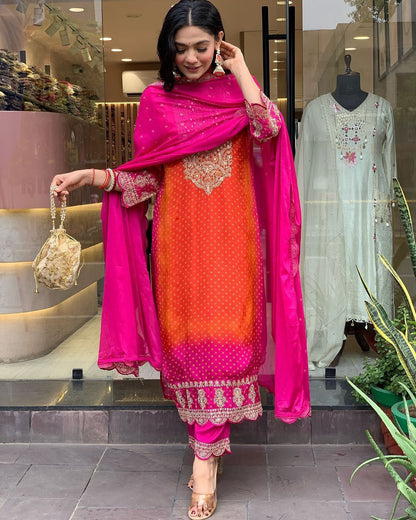 Multi-Coloured Bandhni Print With Mirror Work