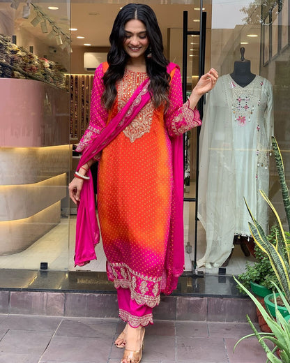 Multi-Coloured Bandhni Print With Mirror Work