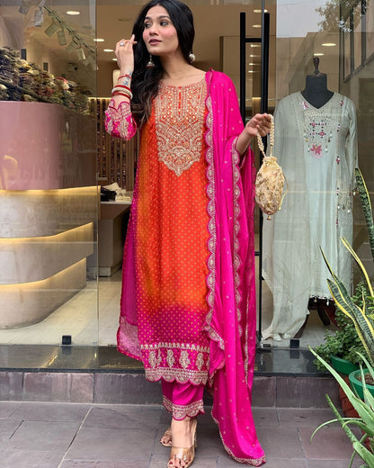 Multi-Coloured Bandhni Print With Mirror Work