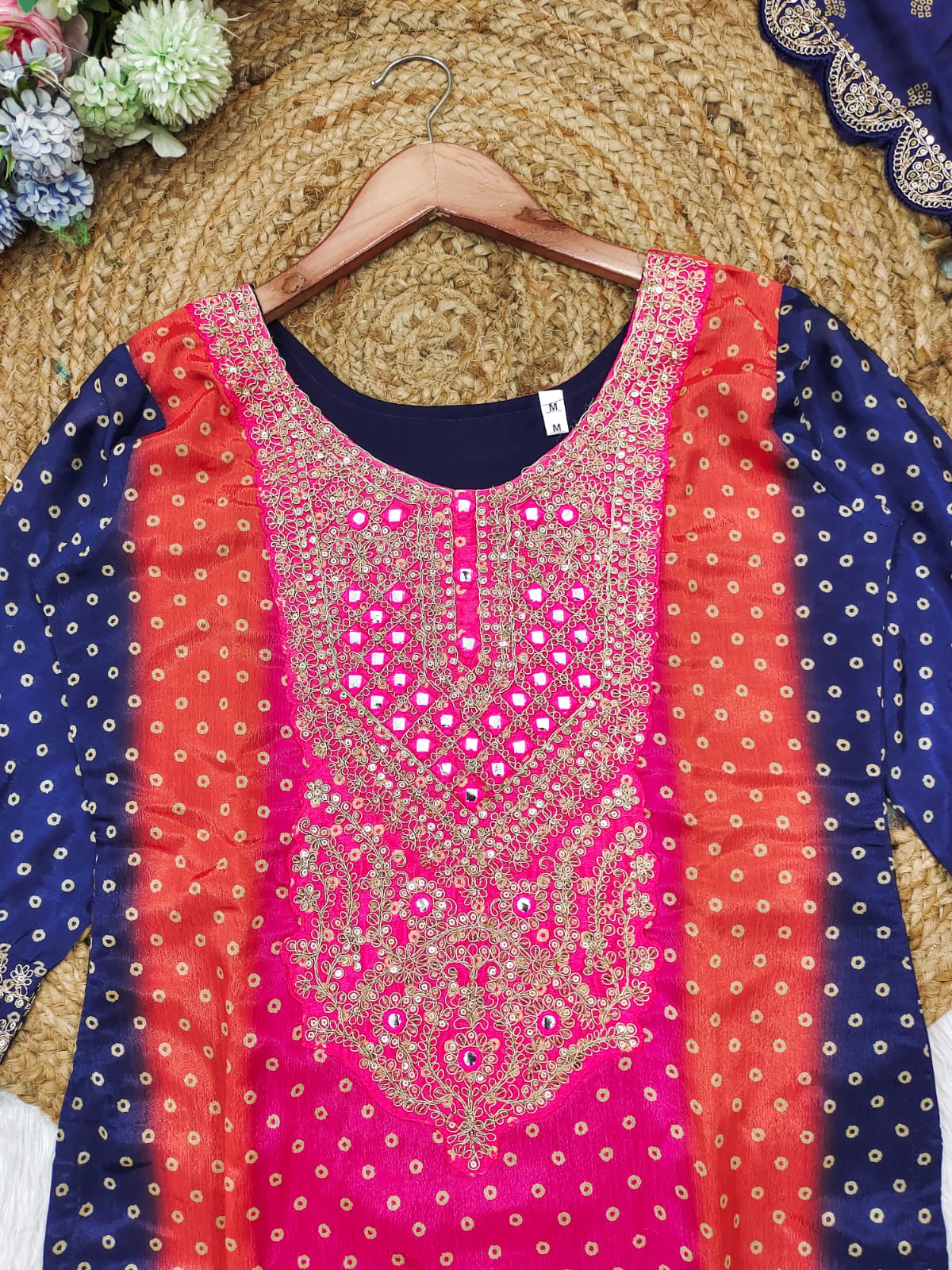 Multi-Coloured Bandhni Print With Mirror Work