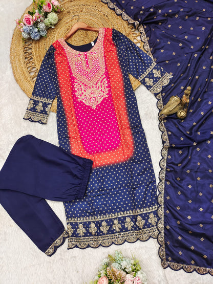 Multi-Coloured Bandhni Print With Mirror Work