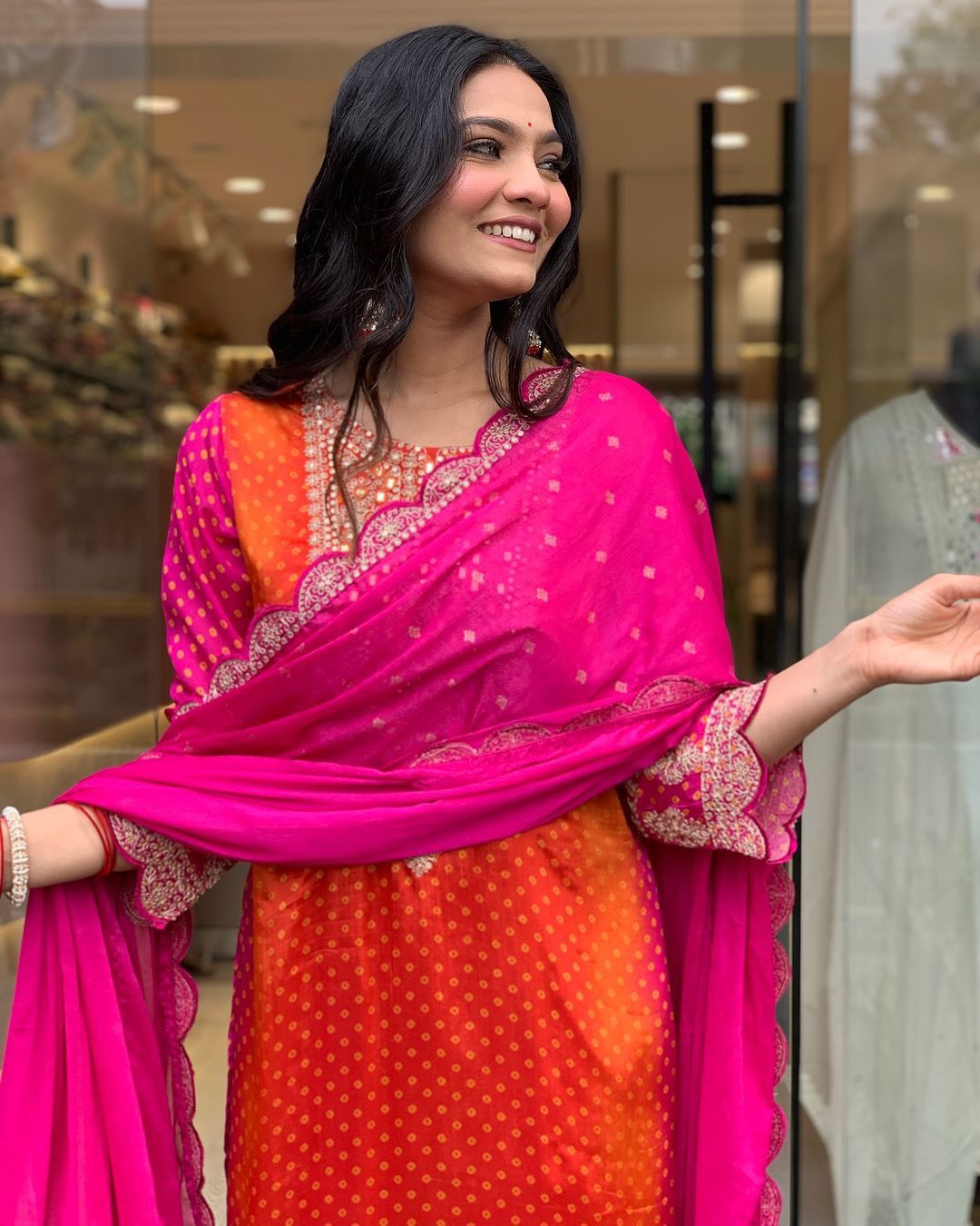 Multi-Coloured Bandhni Print With Mirror Work