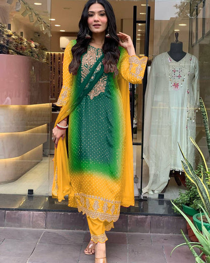 Multi-Coloured Bandhni Print With Mirror Work