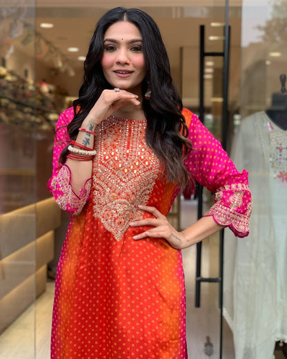 Multi-Coloured Bandhni Print With Mirror Work