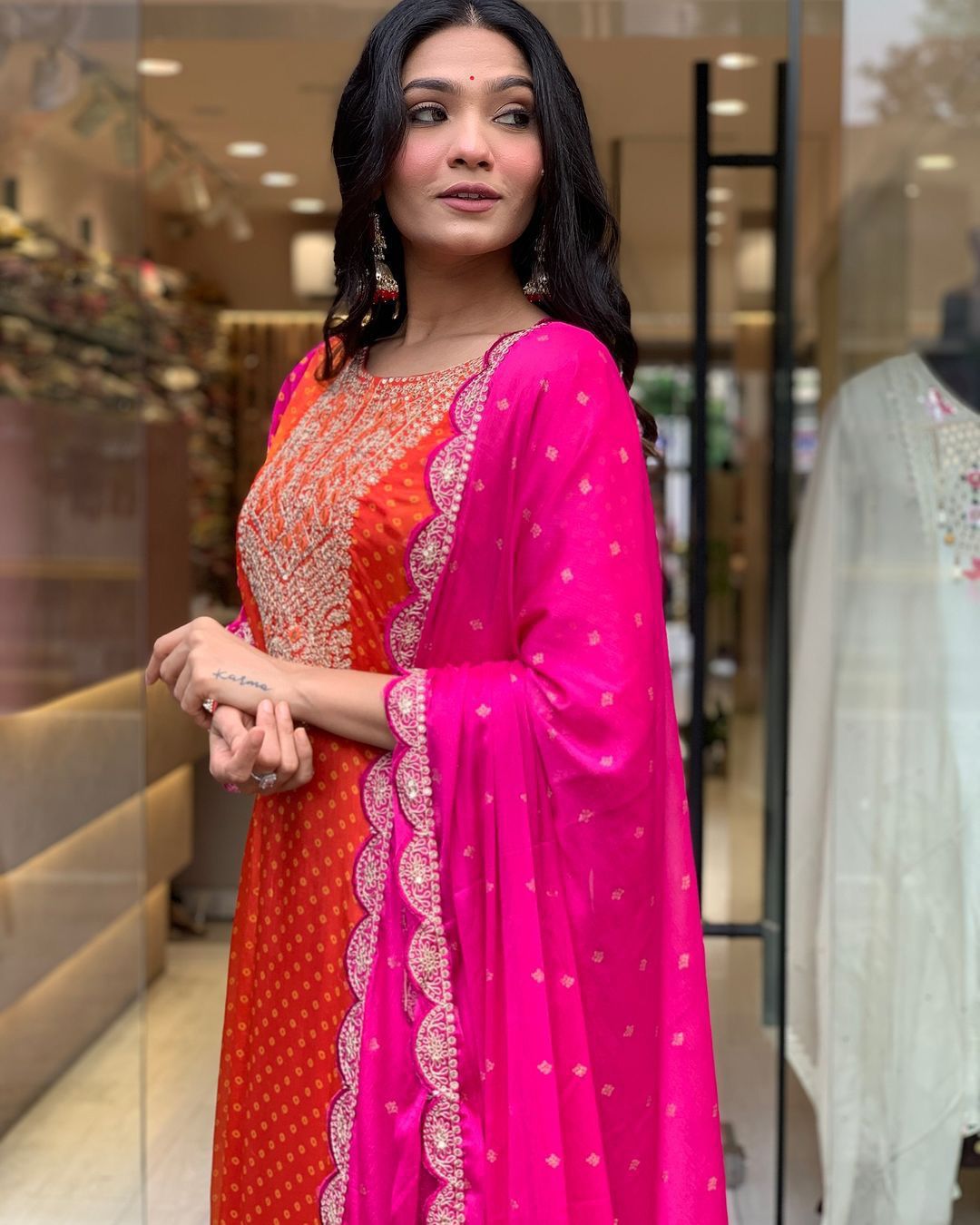Multi-Coloured Bandhni Print With Mirror Work