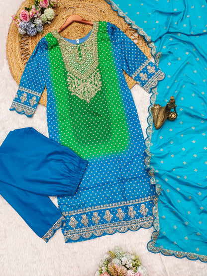 Multi-Coloured Bandhni Print With Mirror Work