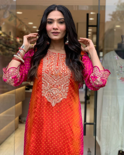 Multi-Coloured Bandhni Print With Mirror Work