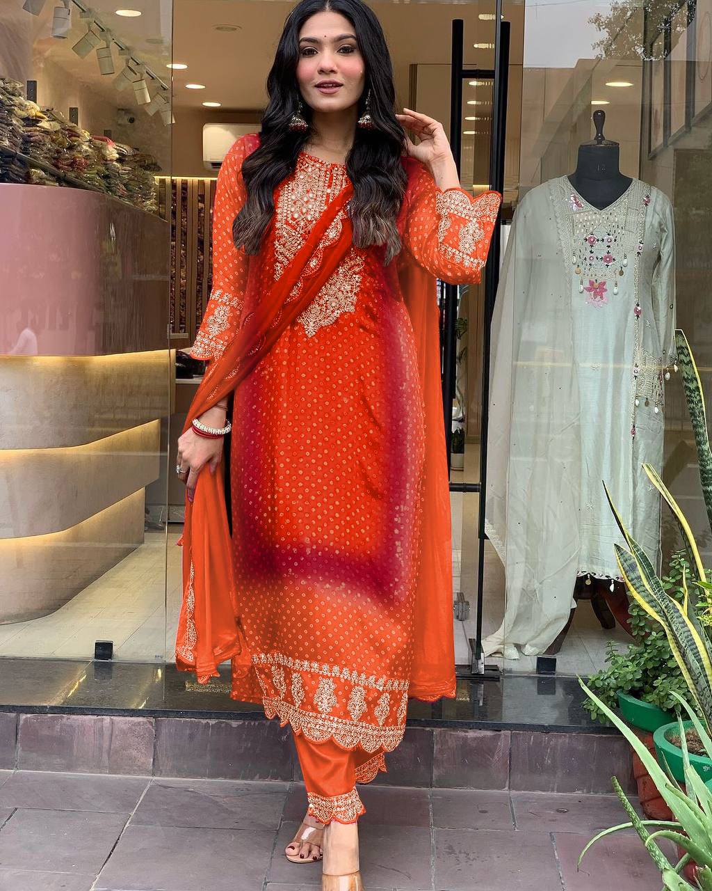 Multi-Coloured Bandhni Print With Mirror Work