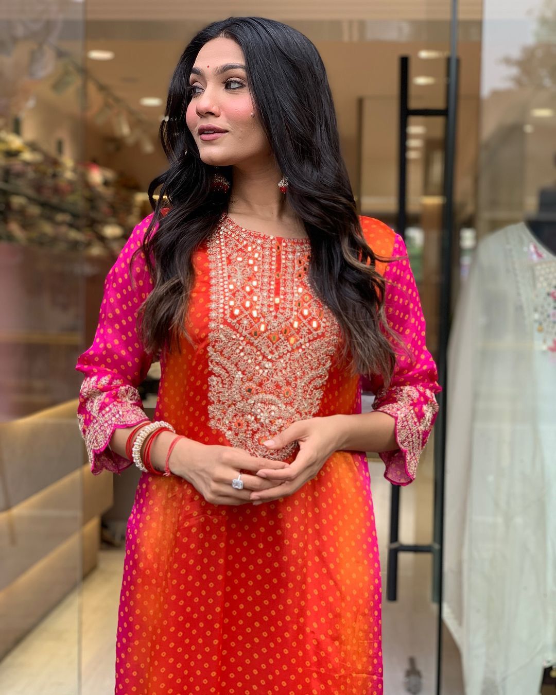 Multi-Coloured Bandhni Print With Mirror Work