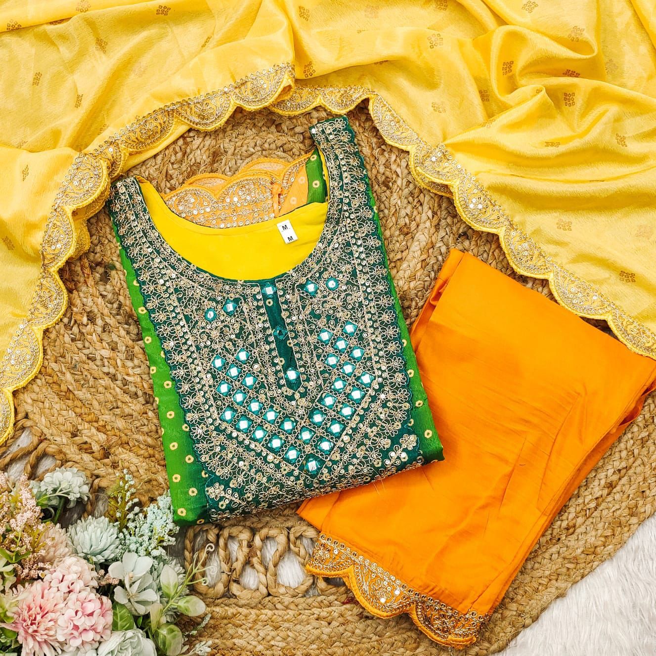 Multi-Coloured Bandhni Print With Mirror Work
