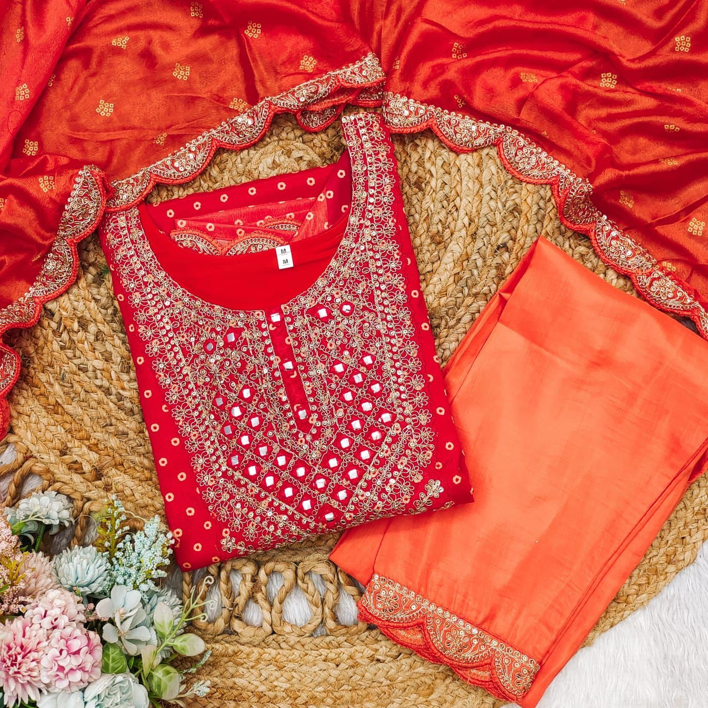 Multi-Coloured Bandhni Print With Mirror Work