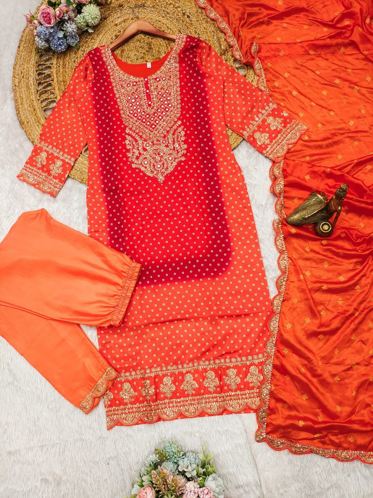Multi-Coloured Bandhni Print With Mirror Work