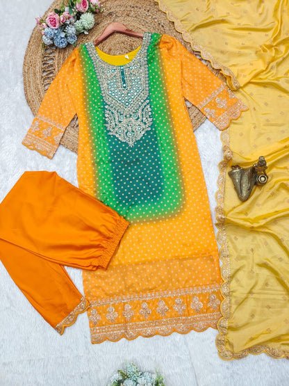 Multi-Coloured Bandhni Print With Mirror Work