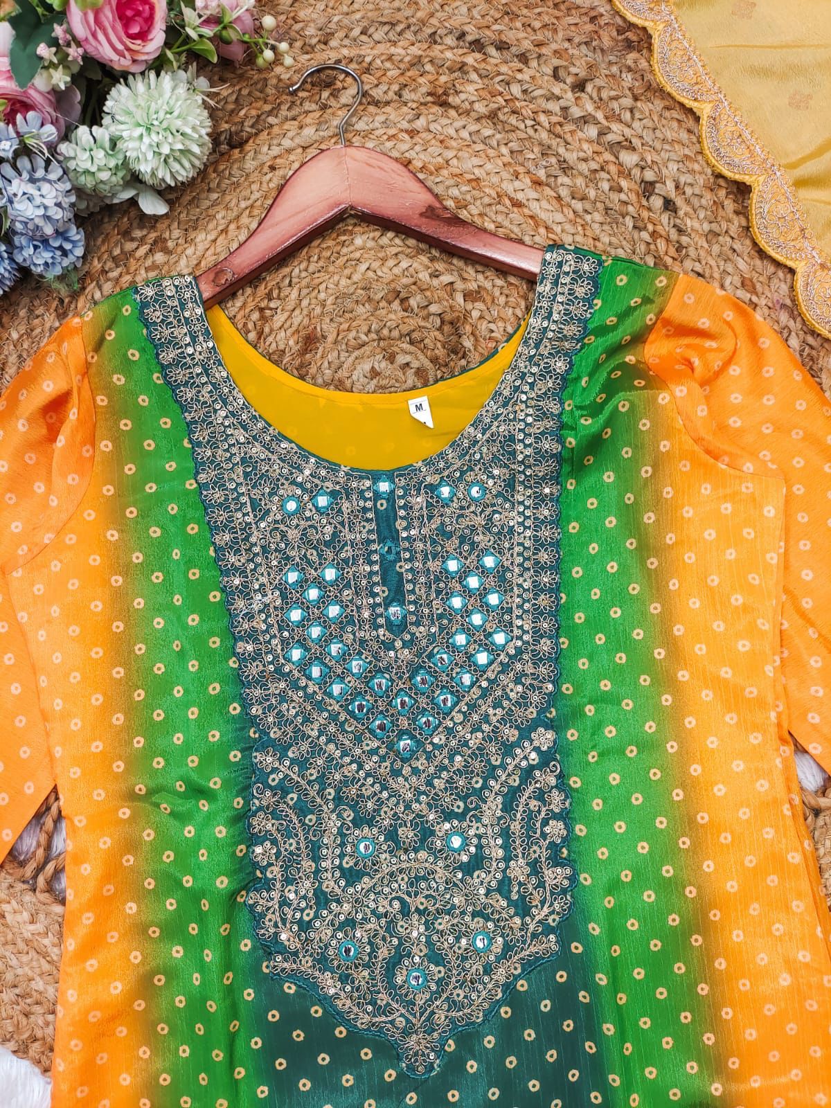 Multi-Coloured Bandhni Print With Mirror Work