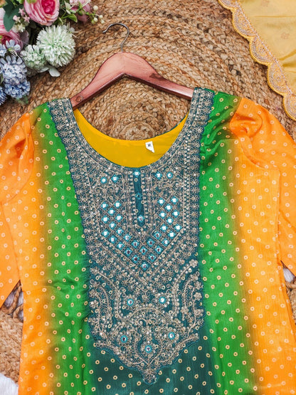 Multi-Coloured Bandhni Print With Mirror Work