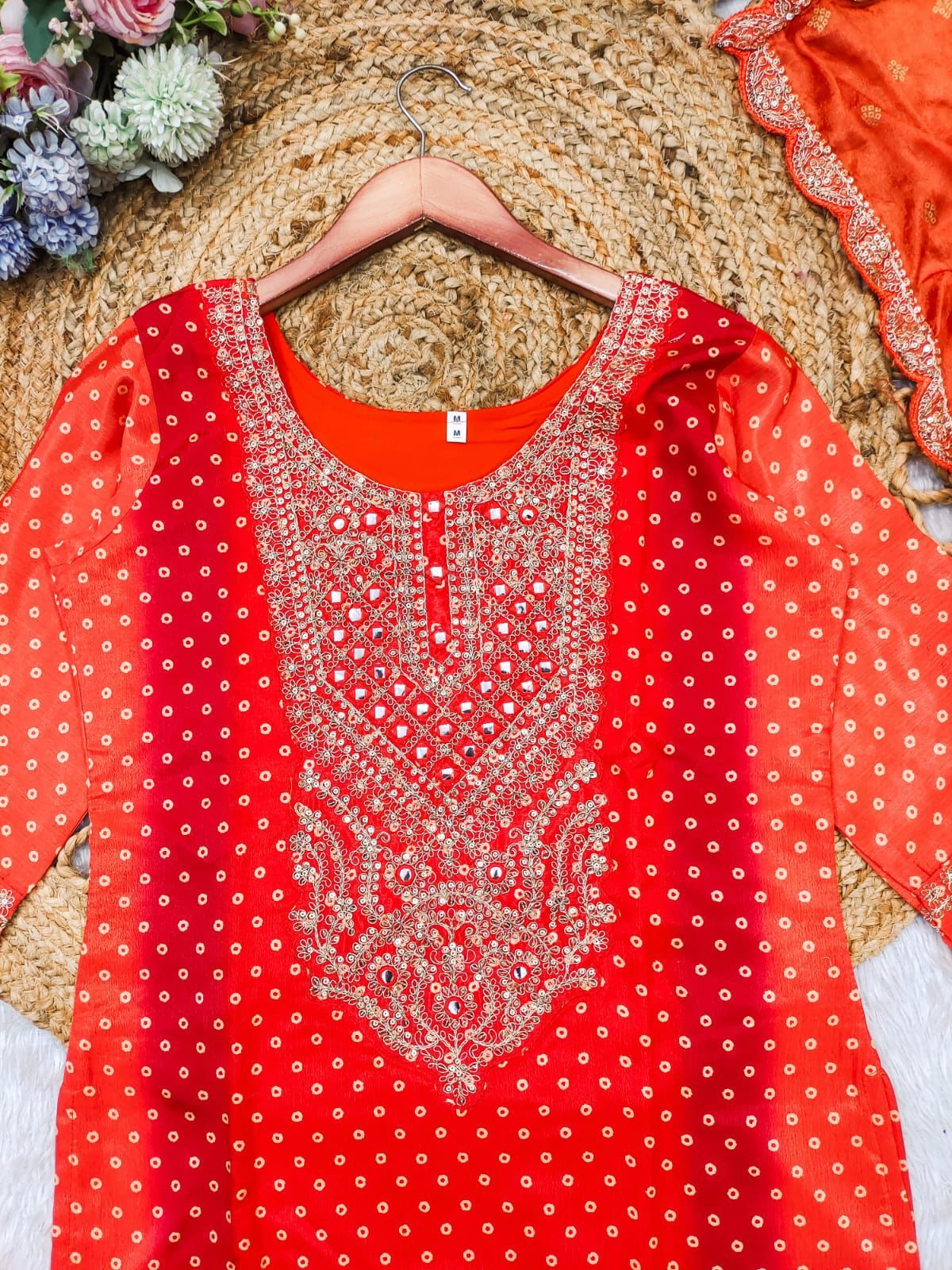 Multi-Coloured Bandhni Print With Mirror Work