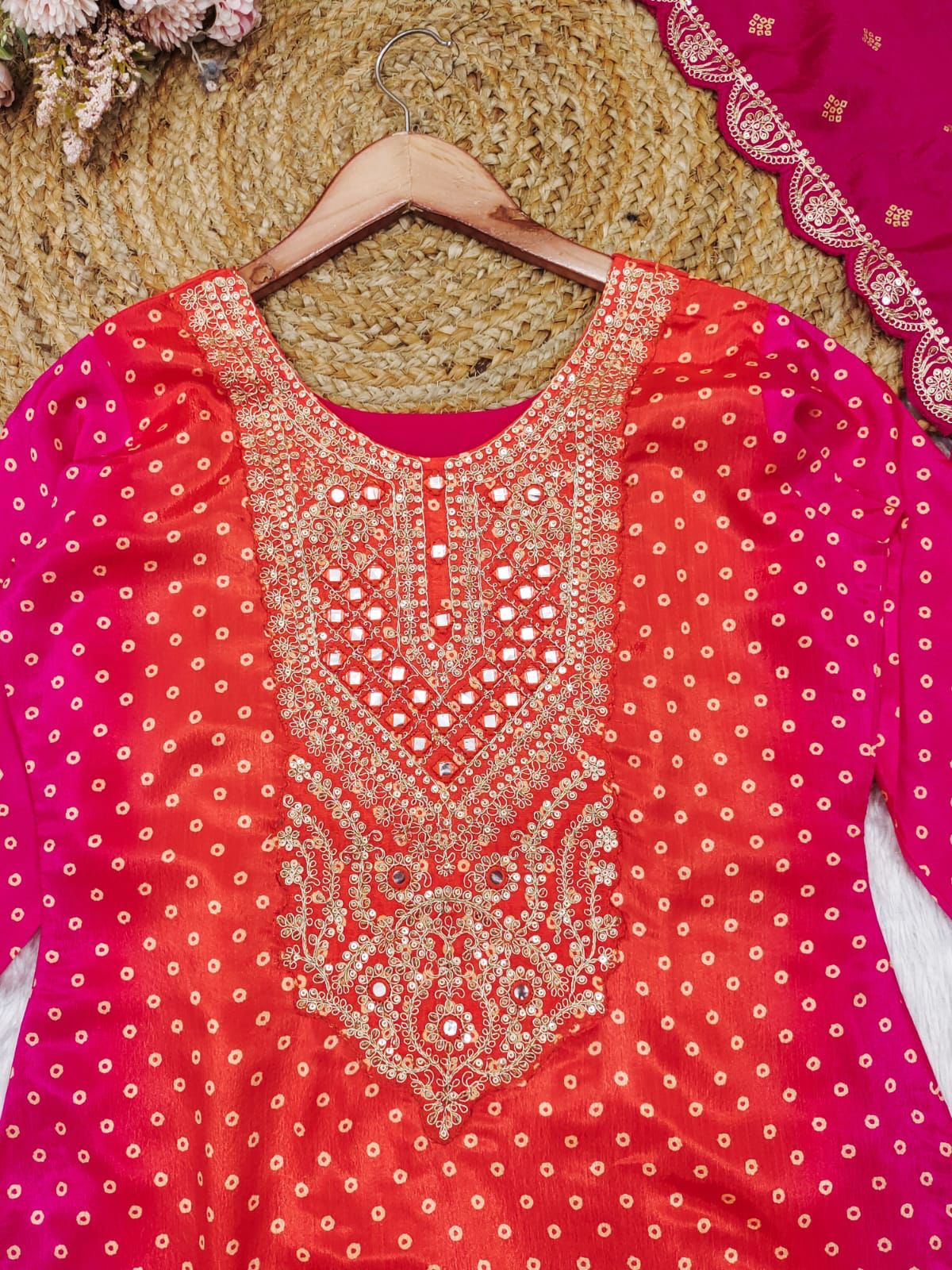 Multi-Coloured Bandhni Print With Mirror Work