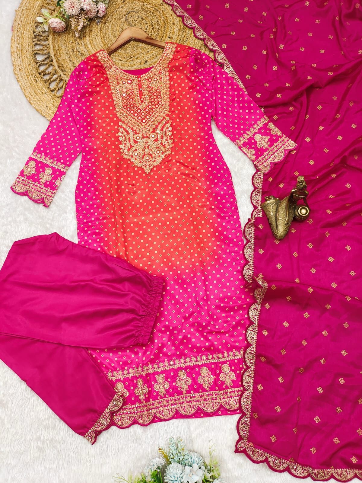 Multi-Coloured Bandhni Print With Mirror Work