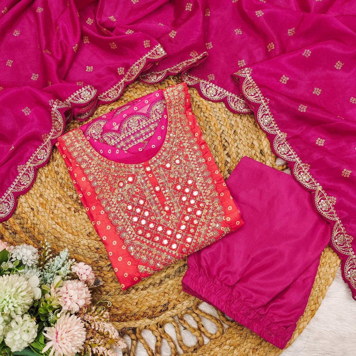 Multi-Coloured Bandhni Print With Mirror Work