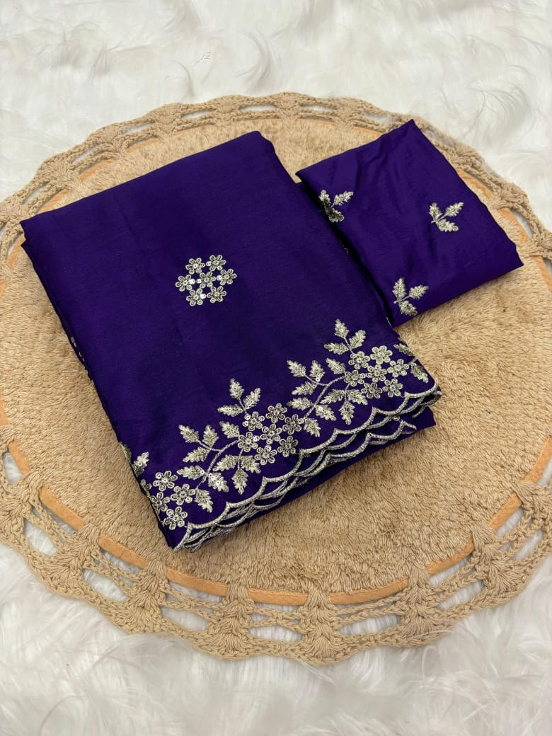 Pure Chinnon Sequence Embroidery Work Saree