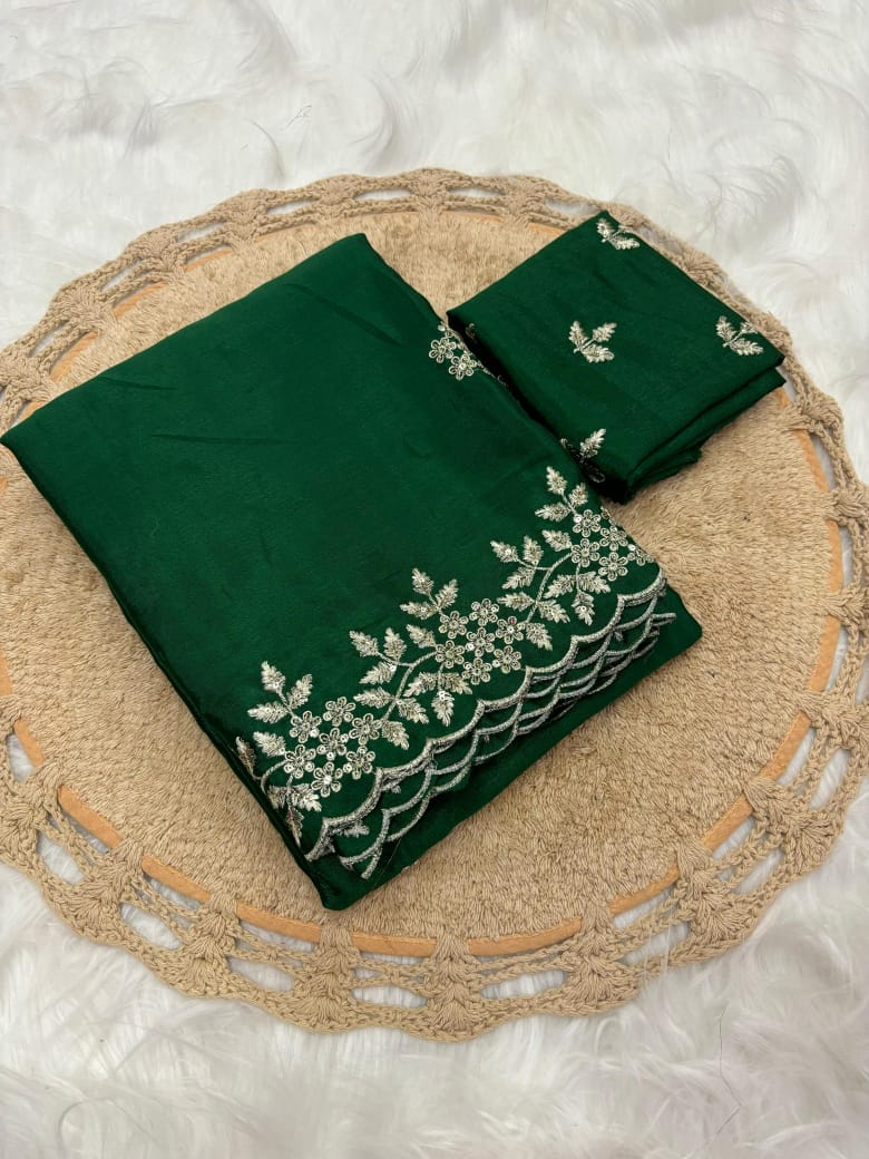 Pure Chinnon Sequence Embroidery Work Saree
