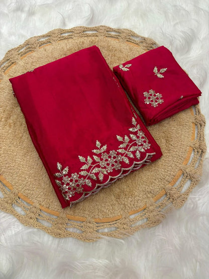Pure Chinnon Sequence Embroidery Work Saree