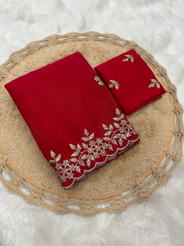 Pure Chinnon Sequence Embroidery Work Saree