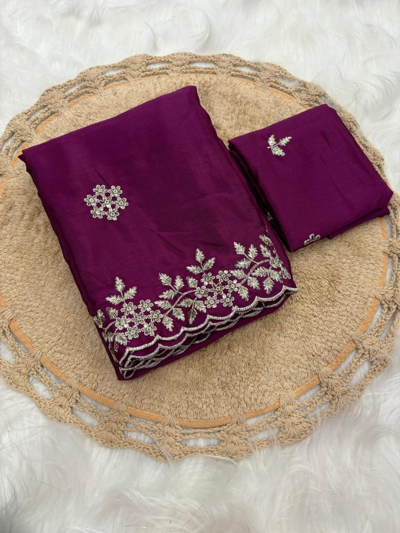 Pure Chinnon Sequence Embroidery Work Saree