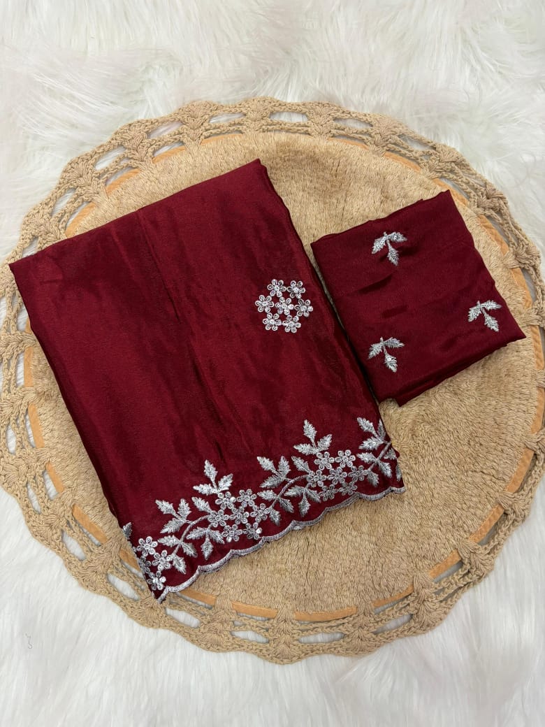 Pure Chinnon Sequence Embroidery Work Saree