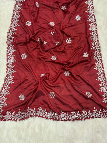 Pure Chinnon Sequence Embroidery Work Saree