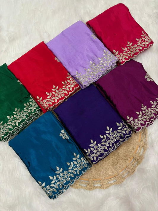 Pure Chinnon Sequence Embroidery Work Saree