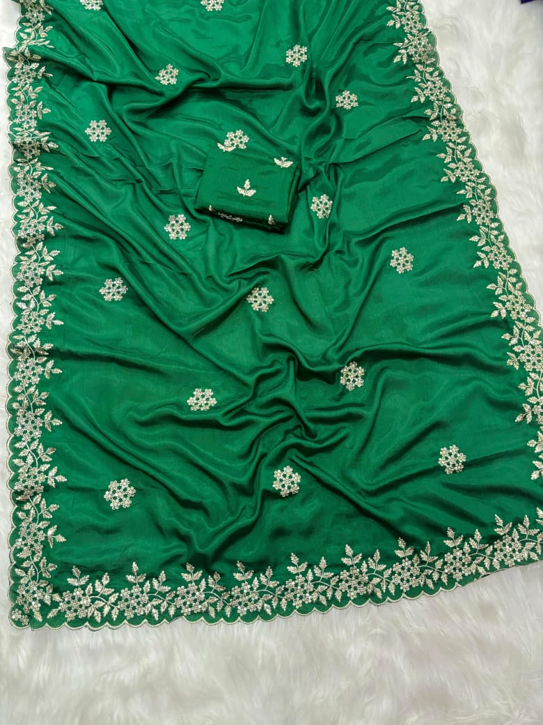 Pure Chinnon Sequence Embroidery Work Saree
