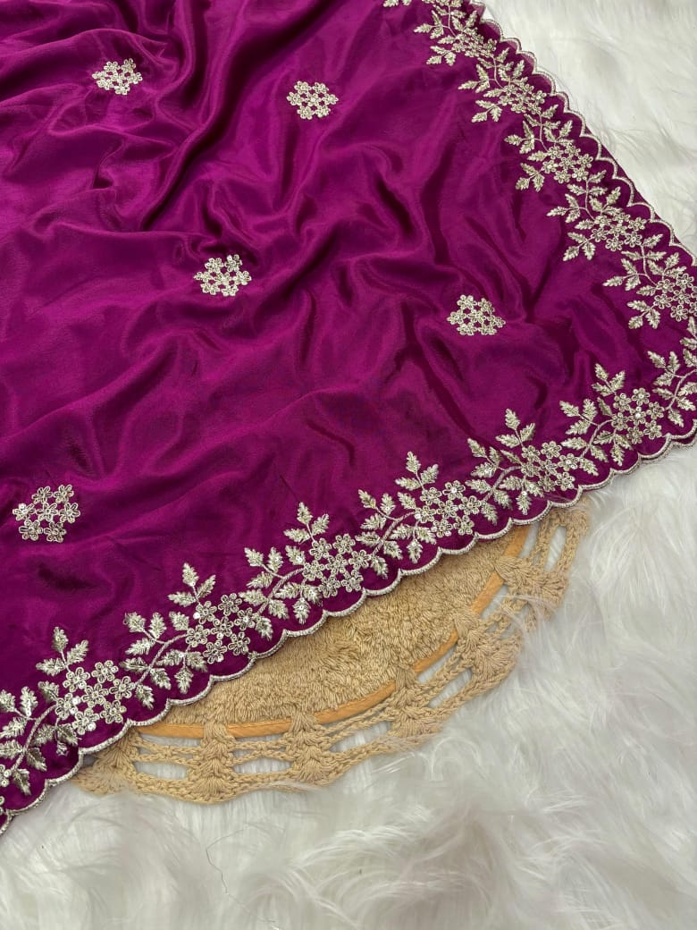 Pure Chinnon Sequence Embroidery Work Saree