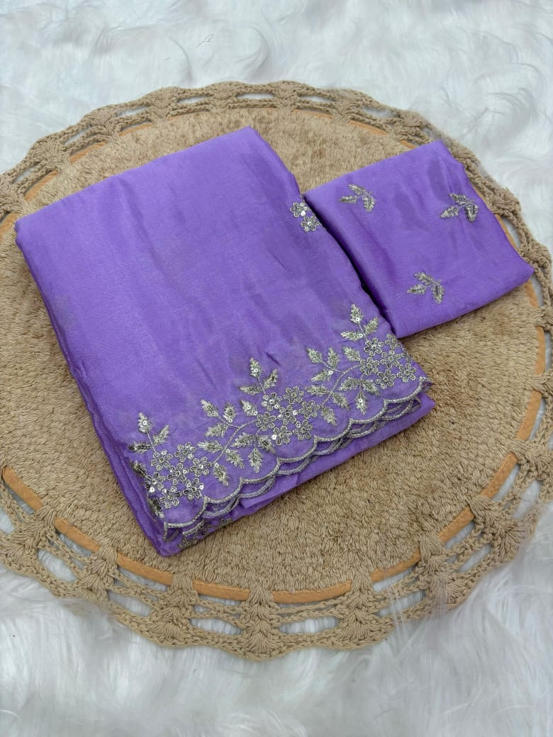 Pure Chinnon Sequence Embroidery Work Saree
