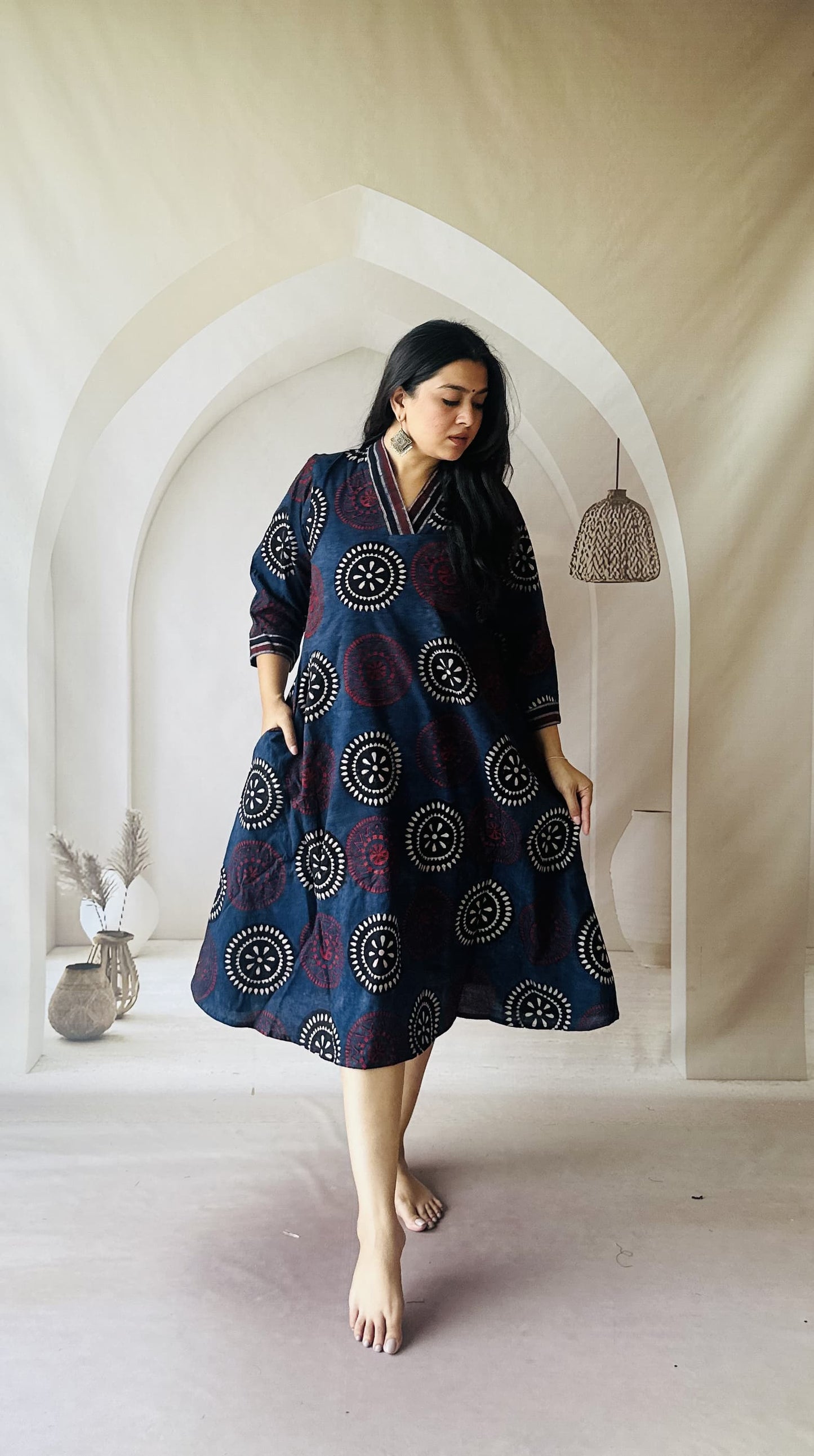 COTTON AJRAKH NATURAL HANDBLOCK PRINT ONE PIECE