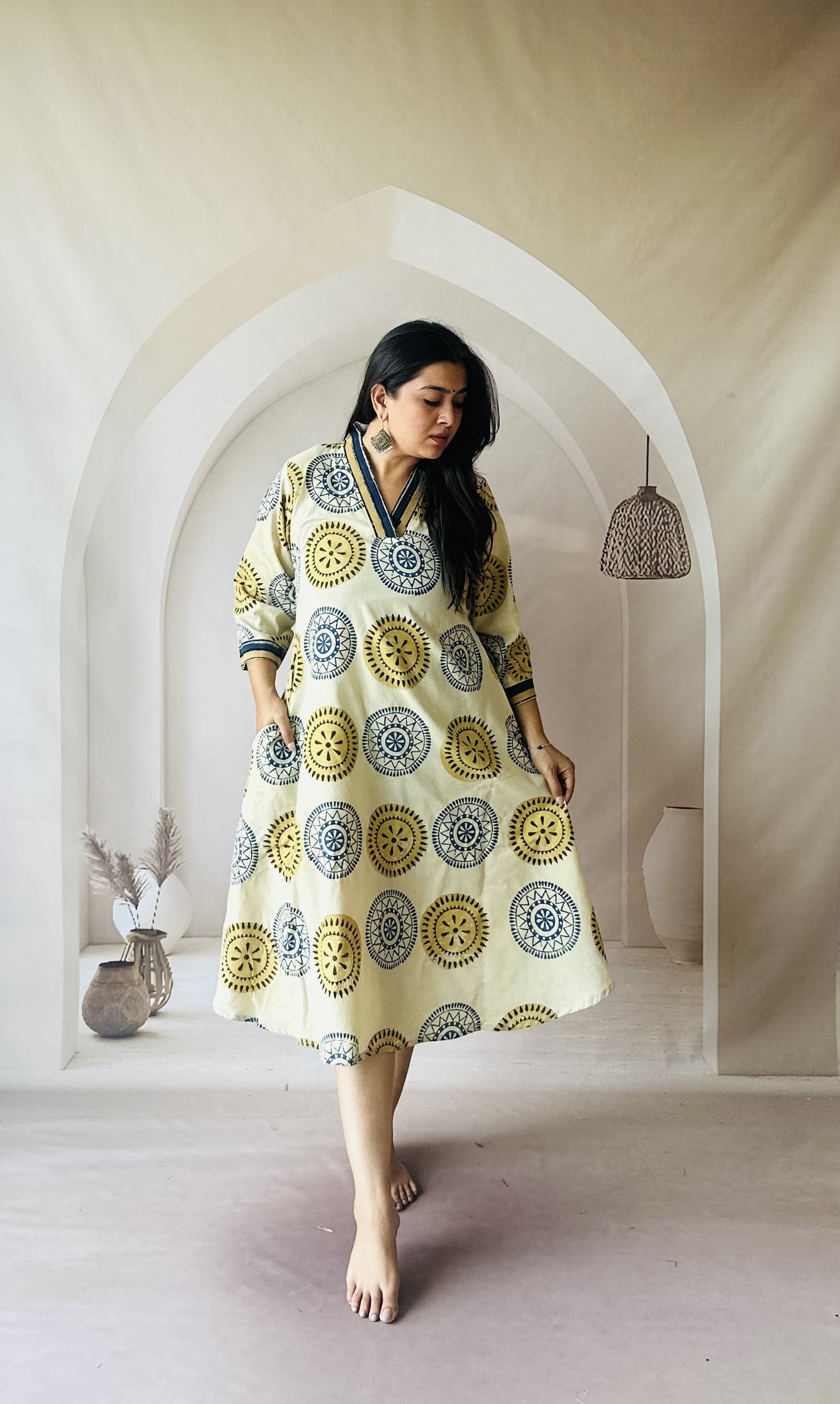 COTTON AJRAKH NATURAL HANDBLOCK PRINT ONE PIECE
