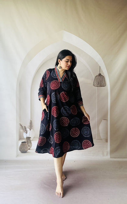 COTTON AJRAKH NATURAL HANDBLOCK PRINT ONE PIECE