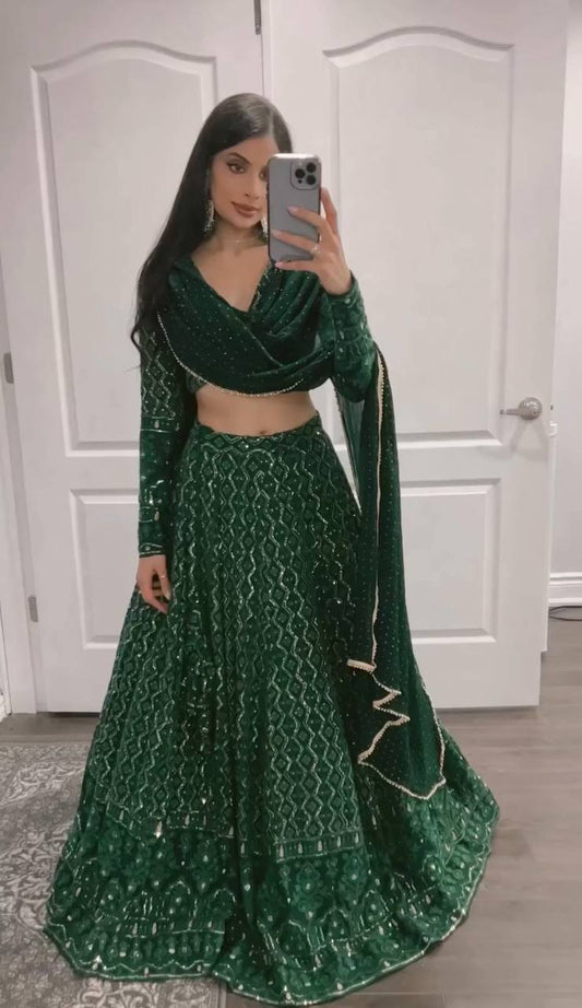 GREEN CHIKANKARI LEHENGA