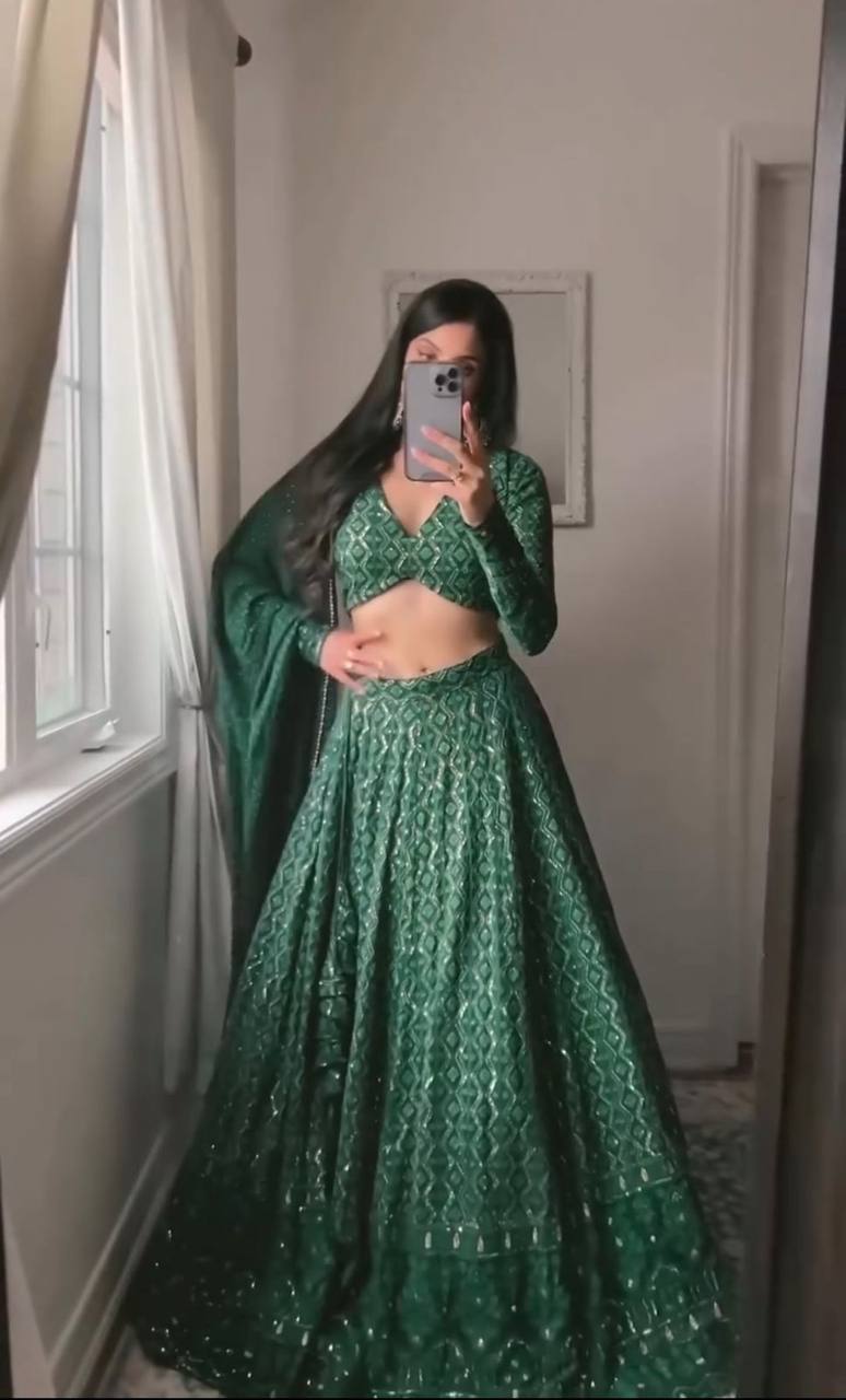 GREEN CHIKANKARI LEHENGA