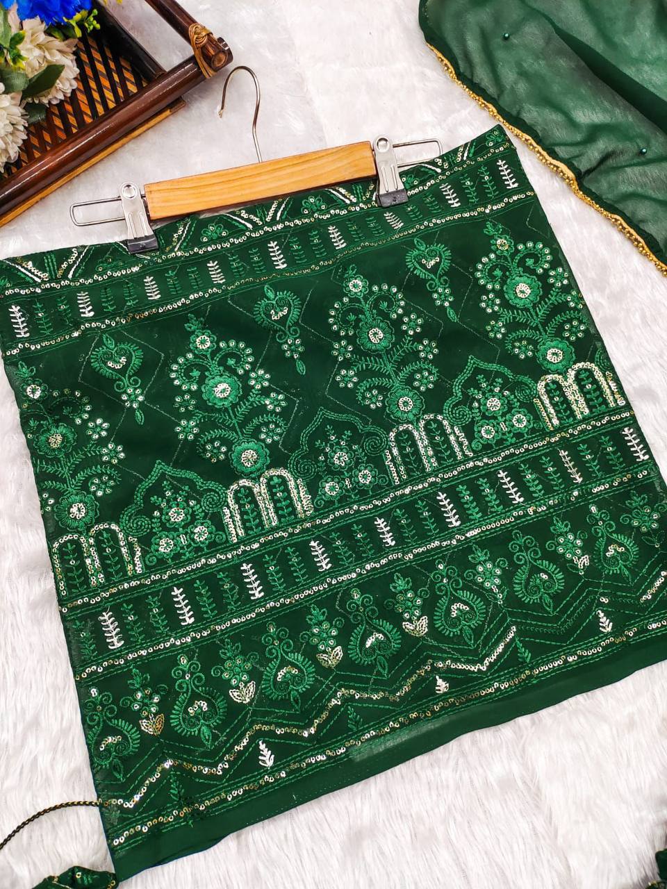 GREEN CHIKANKARI LEHENGA