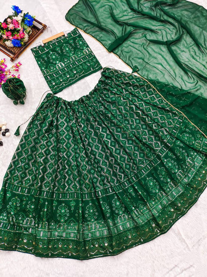 GREEN CHIKANKARI LEHENGA