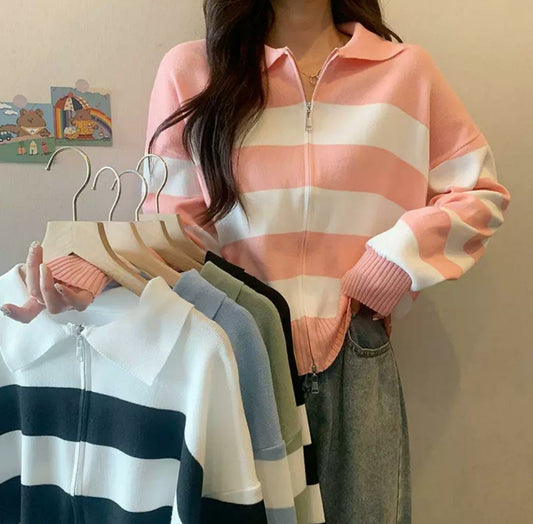 Striped Polo Neck Cardigan